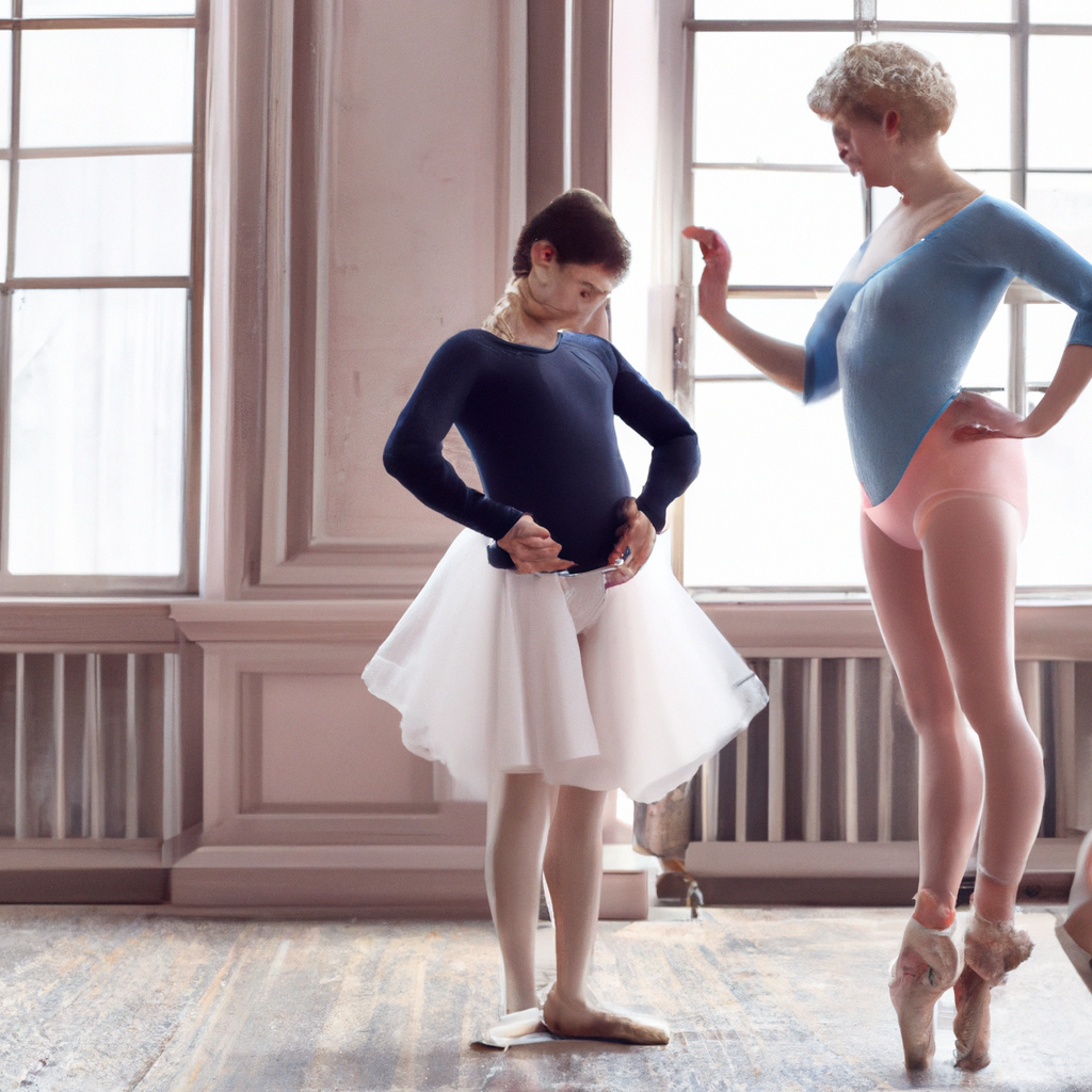 Ballet teacher correcting posture of beginner student in bright studio cinematic look